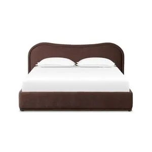 Julia Bed with swooping curved plum linen-like upholstered headboard and full cushioned frame