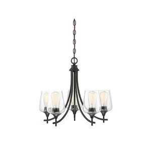 5-light chandelier with curved English bronze arms and clear glass shades suspended by chain