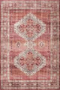 Heidi Sunset Natural Rug with vintage style old-world medallions in faded rose, beige, and muted gray tones