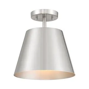 1-light ceiling semi-flush mount with brushed nickel solid metal shade and 10 inch width