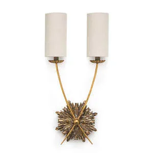 Louis Sconce with hand painted ornate birch wood starburst base, antique brass arms, and two tall linen shades