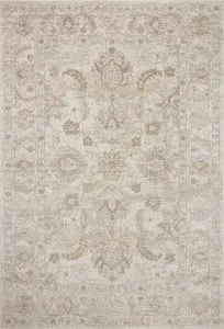 Ivory and beige traditional round rug with vintage Turkish Oushak motifs in muted soft tones