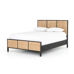 Sydney Black Bed with black-washed mango frame and inset woven cane panels on headboard and footboard