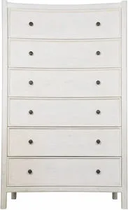 Tall six-drawer Hampton dresser in distressed off-white finish with simple round metal pulls
