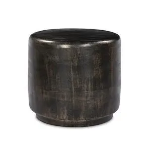 Classic drum-shaped outdoor end table with small plinth base in distressed bronze finish