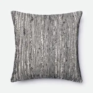 Claudia Pillow with vertical black and white striped textured fabric, square shape, plush and soft appearance