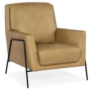 Amette Metal Frame Club Chair in Anker Sand top grain leather with slender black metal frame and sculptured modern shape