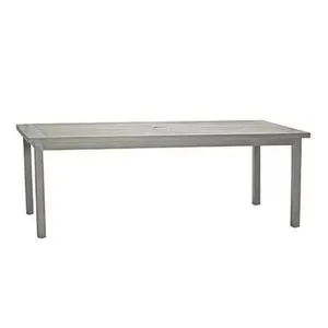 Rectangular outdoor dining table with classic aluminum slatted top and straight square legs in a light gray finish