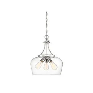 Three-light pendant with a large curved clear glass shade and polished chrome finish hanging from chain