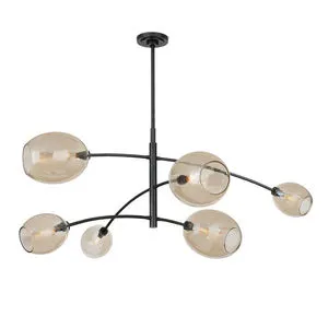 Artemis Champagne Glass Chandelier with six open-ended amber glass globes on oil-rubbed bronze balanced arches