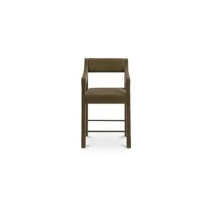 Elise Counter Stool in cedar-green polyester with sloped arms and single continuous iron frame, front view