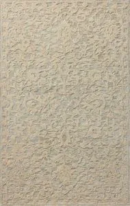 Prudence Sage/Ivory hand-tufted area rug with subtle floral pattern, low-loop background, chunky higher loops for depth
