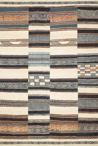 Ivory rug with multi-color abstract and tribal patterns in horizontal and vertical stripes, textured yarn