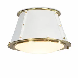 cone-shaped ceiling light with white shade and natural brass accents in flush mount style