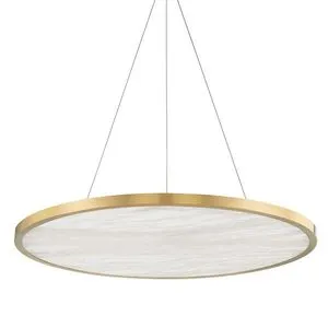 Eastport 36 inch LED pendant with round gold metal frame and white textured diffuser suspended by three thin cables