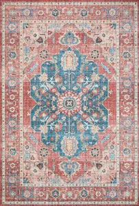 Skye Brick / Ocean Rug with classic old-world design in blue and brick red tones with floral motifs