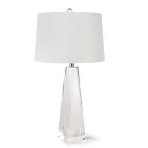 Small Angelica table lamp with a clear faceted crystal base, polished nickel hardware, and natural linen tapered shade
