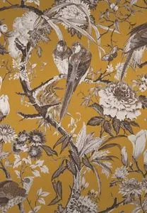 Perrow Wallpaper with mustard yellow background, detailed dark brown birds and white floral patterns
