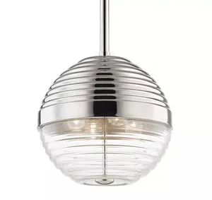 Large pendant light with tiered polished metal dome and thick clear ribbed glass diffuser
