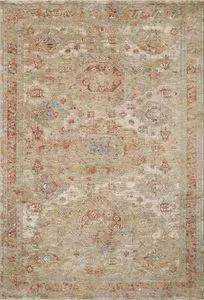 Gaia Gold Taupe Rug with abstract and traditional motifs in warm taupe, gold, blue, and rust hues