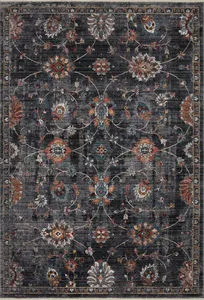 Full top-down view of Samra Traditional Rug displaying charcoal base with multicolor detailed floral motifs and borders