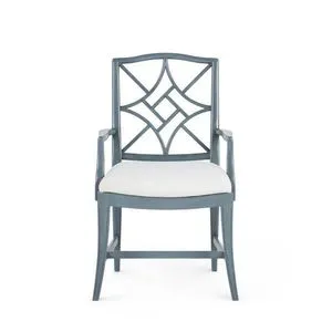 Front view showing symmetrical chinoiserie backrest and armrests of the blue lacquered Evelyn Armchair