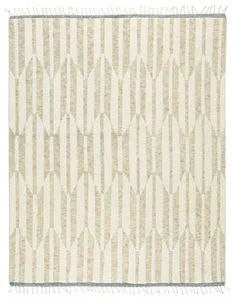 Rectangular beige and ivory rug with geometric vertical and angled stripe pattern and fringed edges