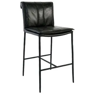 Mayer Stool with thin black iron legs and rolled black leather backrest featuring decorative stitching