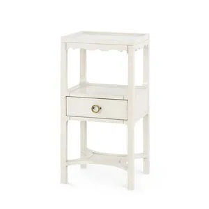 Sara 1-Drawer End Table in sailcloth sheen finish with scalloped apron and round brass drawer pull