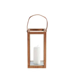 Rectangular outdoor lantern made of recycled teak with clear glass sides and white pillar candle inside, leather strap han...