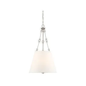 Austin 4 Light Pendant with white fabric shade and satin nickel finish, chain-hung with decorative metal loops