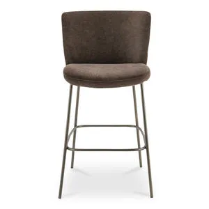 Early bar stool with blackened bronze metal frame and brown soft fabric seat and curved back