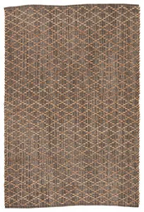 Gray and beige handwoven rug with modern trellis pattern made from braided jute and viscose