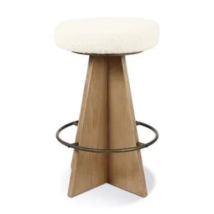 Damon Swivel Stool with geometric wood base, circular metal footrest, and round cream upholstered seat