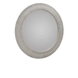 Round mango wood mirror with geometric textured rim in a light whitewashed finish