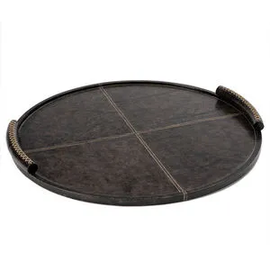Large round dark leather tray with weathered finish, baseball and lace stitching on handles and platform