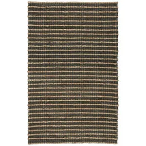Natural fiber handwoven area rug with black and tan stripes in coiled and braided jute pattern