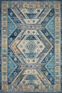Zion Ocean gold traditional rug with blue, gold, and cream geometric southwest kilim patterns