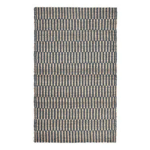 Handwoven jute area rug with alternating blue and natural hues creating a subtle tile-like pattern