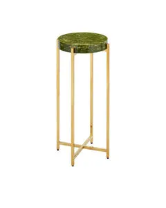 Rina Drinks Table with round green pearlescent composite top set in a slim gold metal frame with four legs and crossbars
