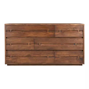 Madagascar solid brown acacia wood dresser with six live-edge drawers and butterfly joinery, rustic modern style
