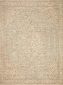 Top view of Priya Ocean ivory rug showing overall classic medallion design in muted tones