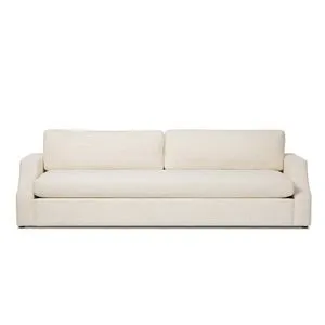 Delfino Sofa with bench-style seating, thick cushion, straight arms, and off-white Crypton fabric upholstery