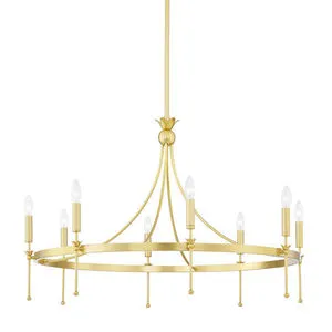 Gates 8 Light Chandelier with gold steel frame, circular design, and eight candle-style bulbs