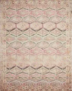 Traditional vintage style rectangular rug with geometric patterns in pink, beige, and muted lagoon tones