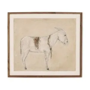 Burro Bestow by Paul Meyer, textured painting of a white donkey with brown patch, framed in wood