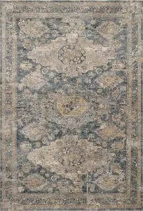 Taupe Gaia Denim rug with classic and abstract traditional motifs in warm and cool tones