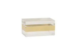 rectangular clear acrylic box with a wide brass band around the middle, used for decorative storage