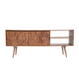 O2 Tv Cabinet in sheesham wood with retro modern style, geometric wood block pattern doors and angled legs