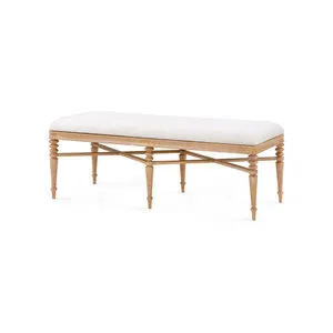 Lawrence Bench with Almond cerused oak frame and plush Frosted Alabaster cushion, hand-carved legs with cross-stretchers